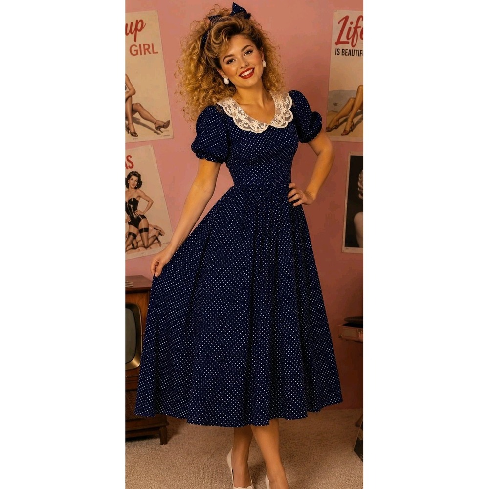 Vintage 1980s Cottagecore Polka Dot 8 Women's A-Line 100% Rayon Dress